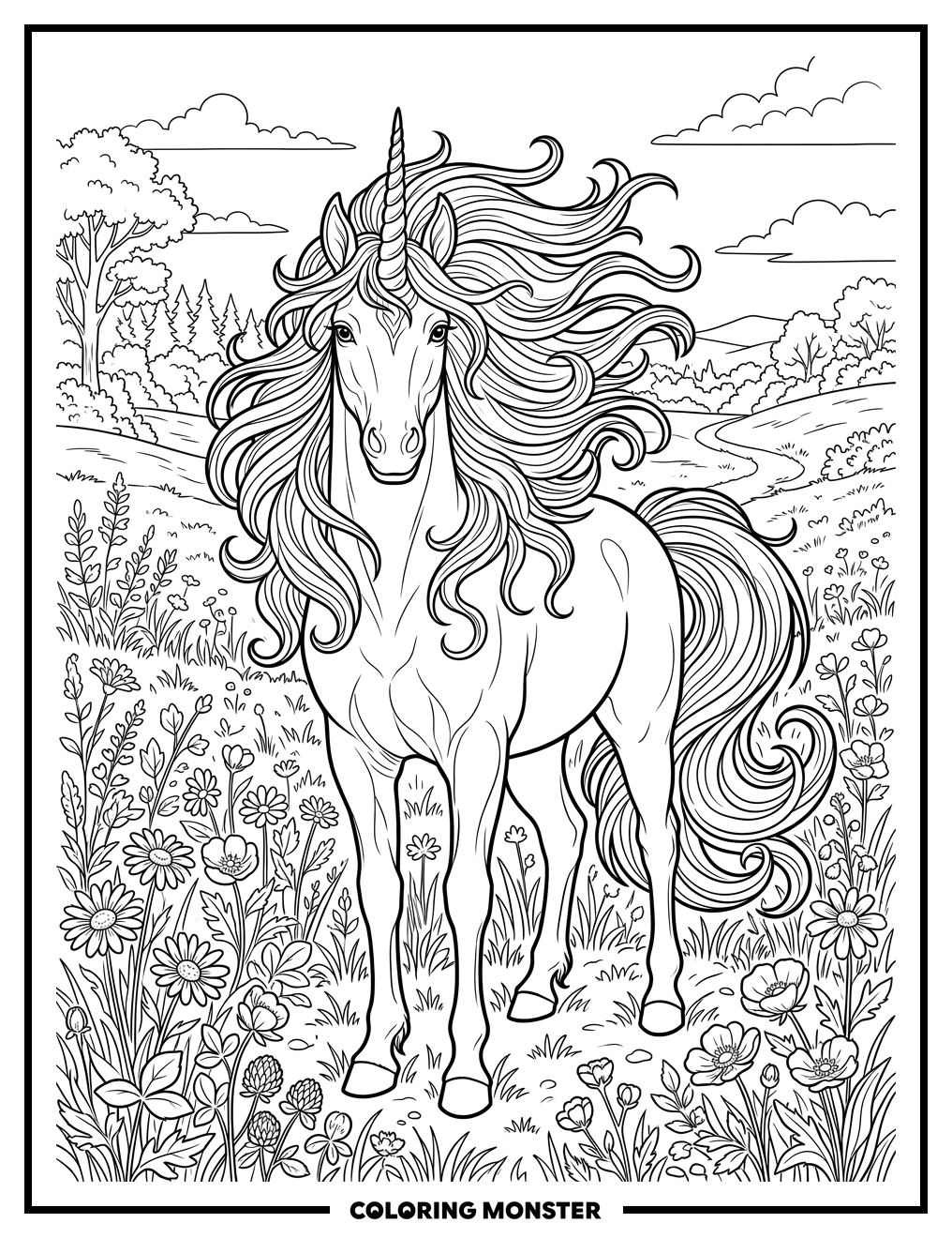 Proud Unicorn in Wildflower Meadow Coloring Page