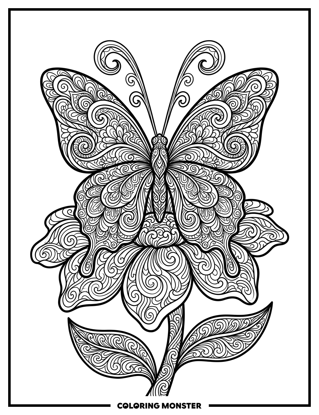Psychedelic Butterfly on Flower Coloring Page