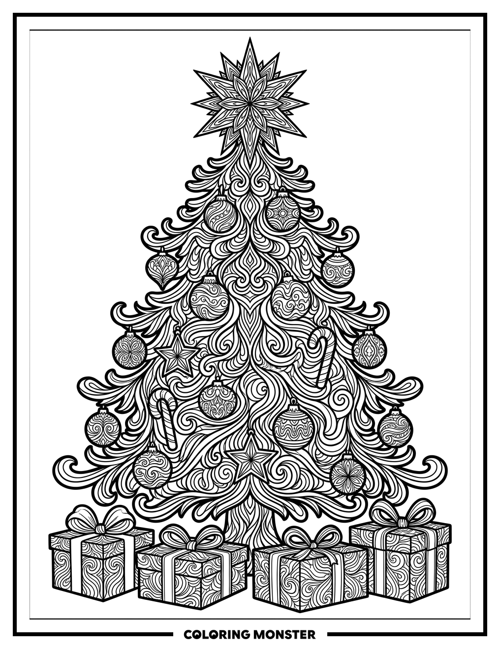 Psychedelic Christmas Tree With Presents Coloring Page