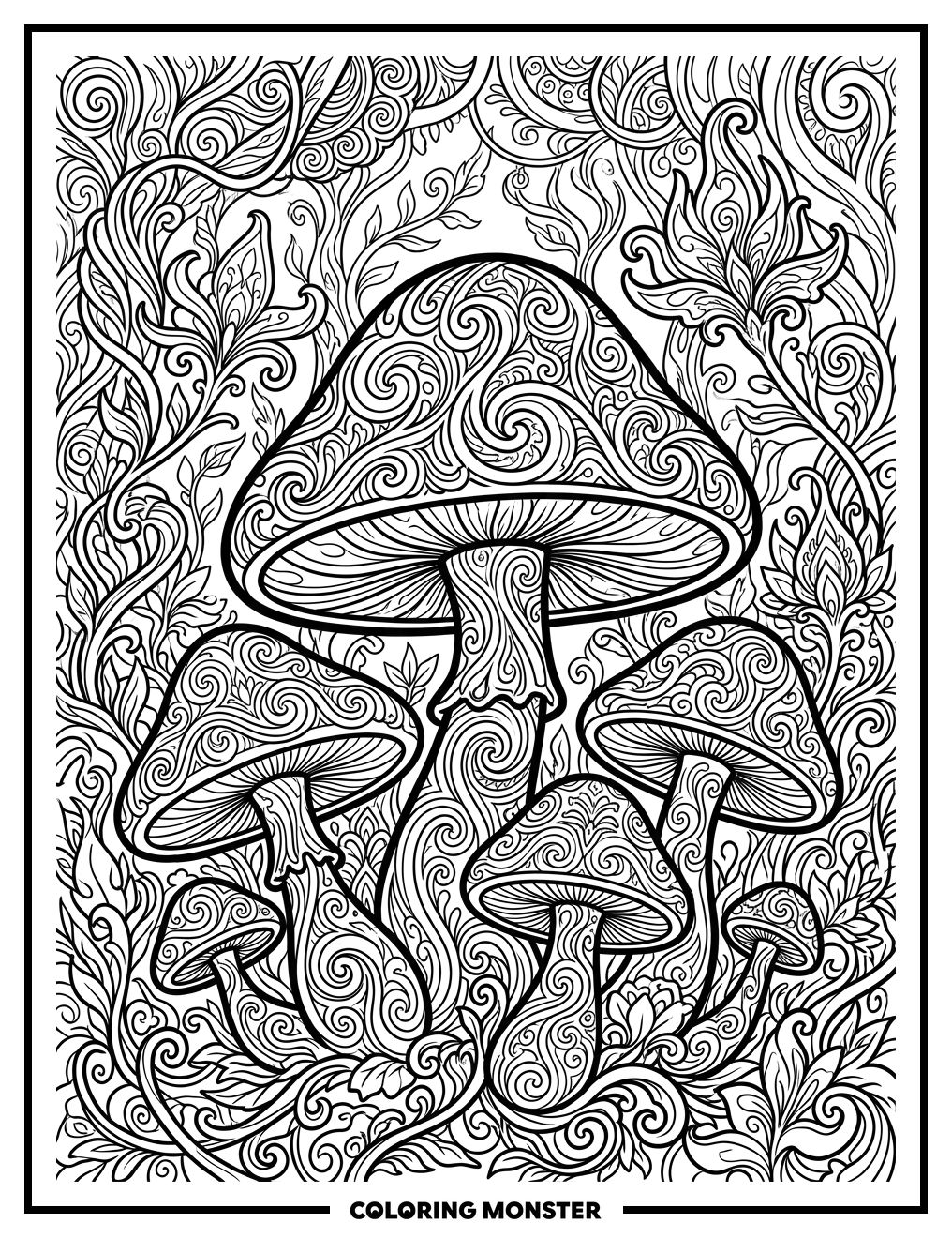 Psychedelic Mushroom Forest Coloring Page