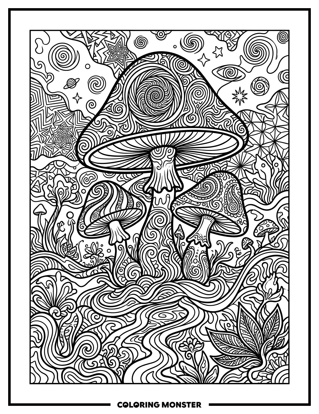Psychedelic Mushroom Forest Coloring Page