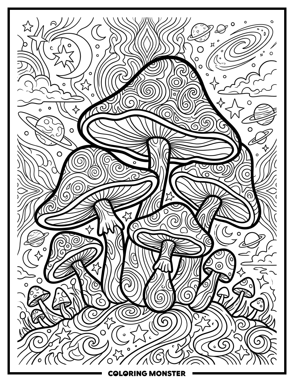 Psychedelic Mushrooms Among Stars Coloring Page