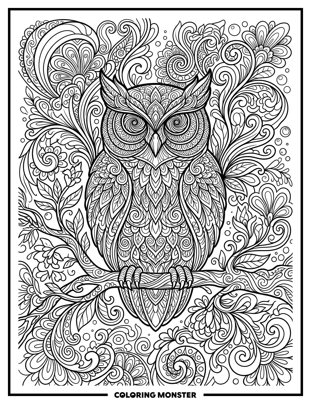 Psychedelic Owl Perched on Branch Coloring Page