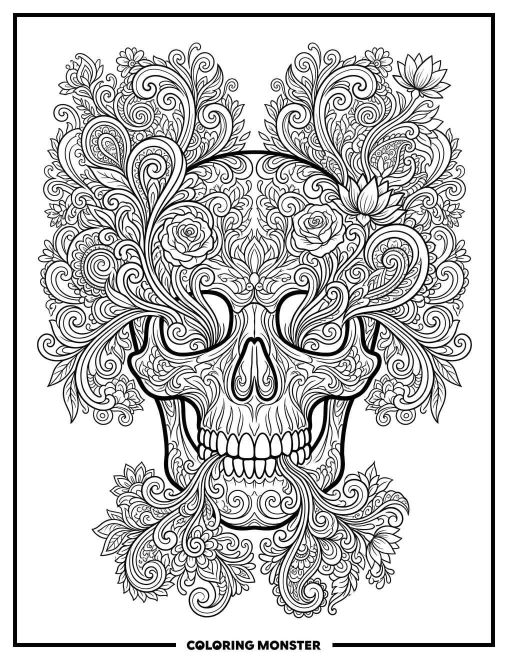 Psychedelic Skull With Flowers Coloring Page
