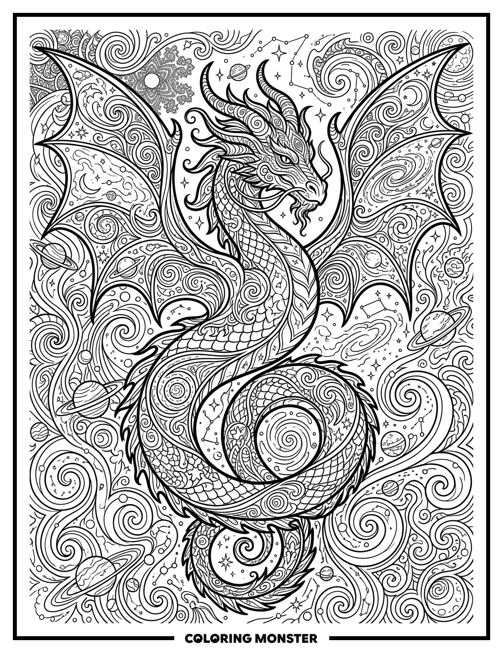 Psychedelic Space Dragon Coloring Page