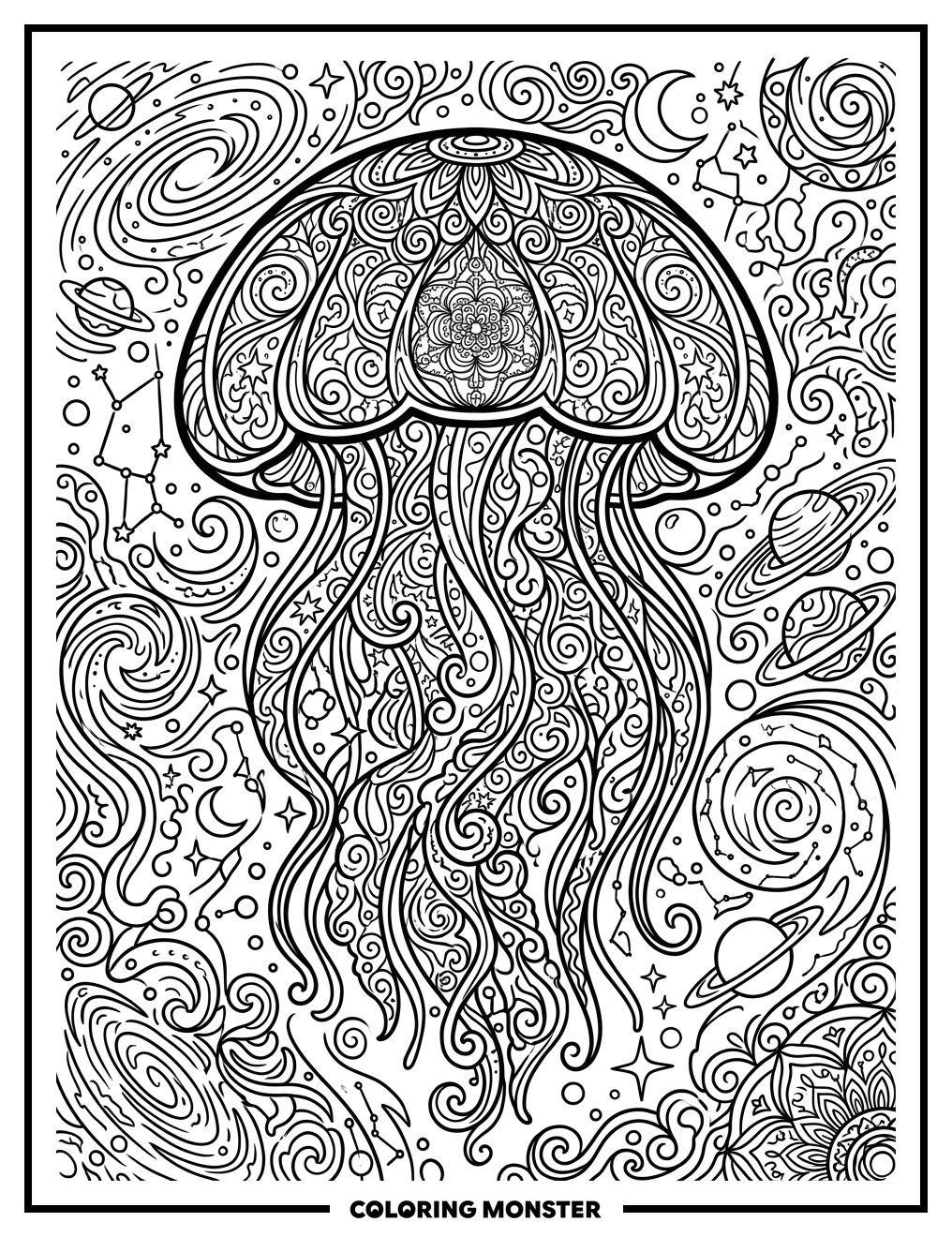 Psychedelic Space Jellyfish Floating Coloring Page