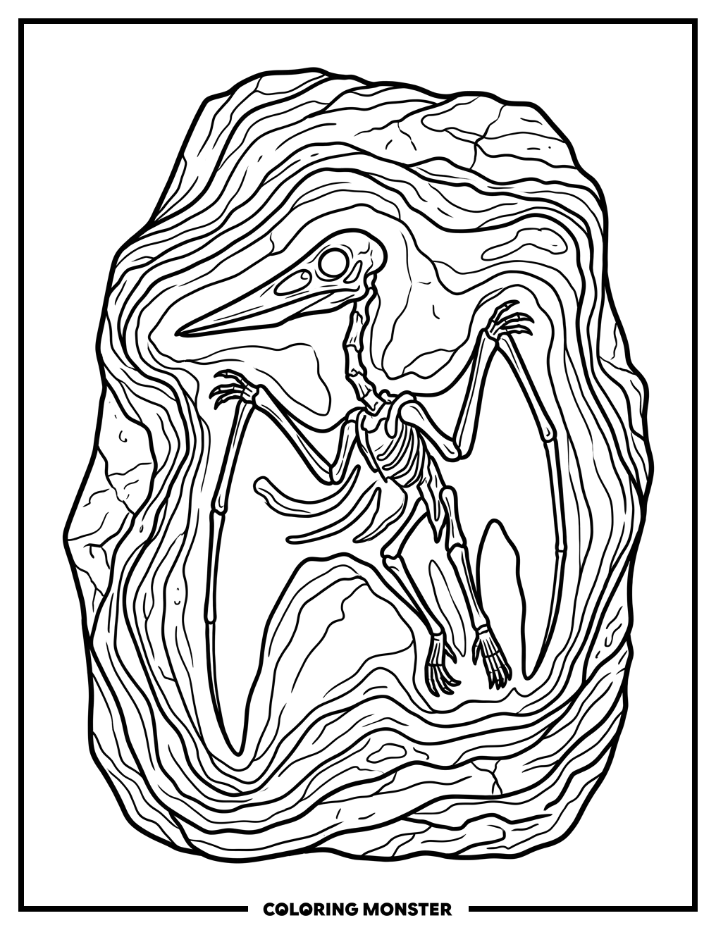 Pterodactyl Fossil in Ancient Rock Coloring Page