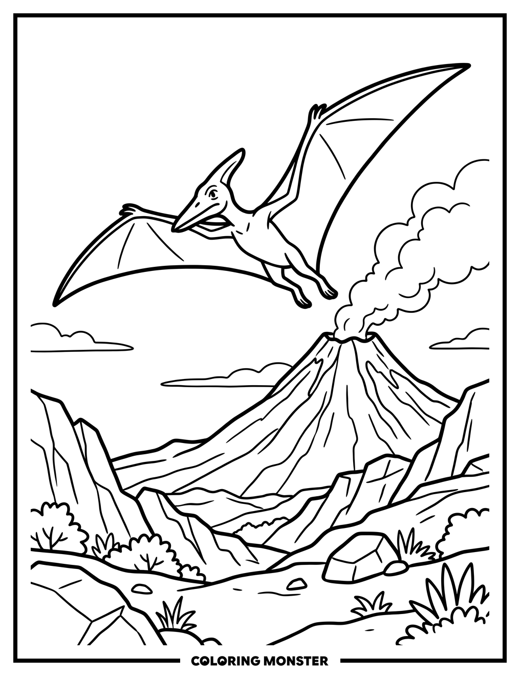Pterodactyl Over Smoking Volcano Coloring Page