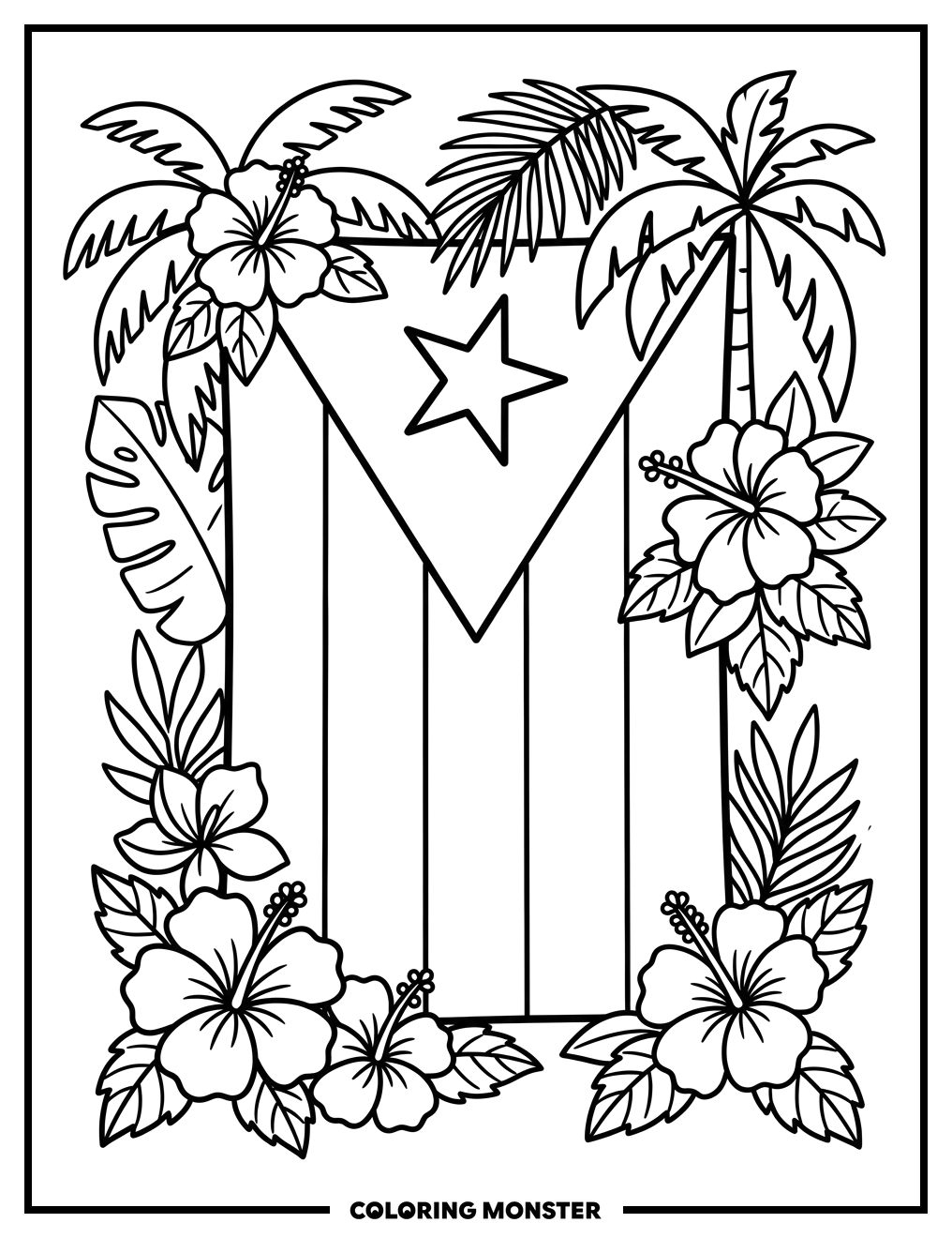 Puerto Rico Flag with Tropical Flowers Coloring Page