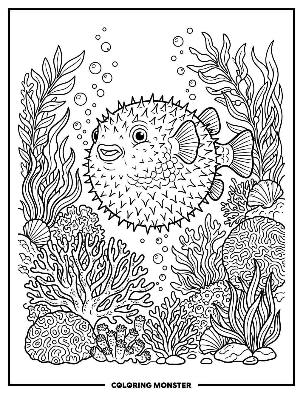Pufferfish Among Coral Reef Coloring Page