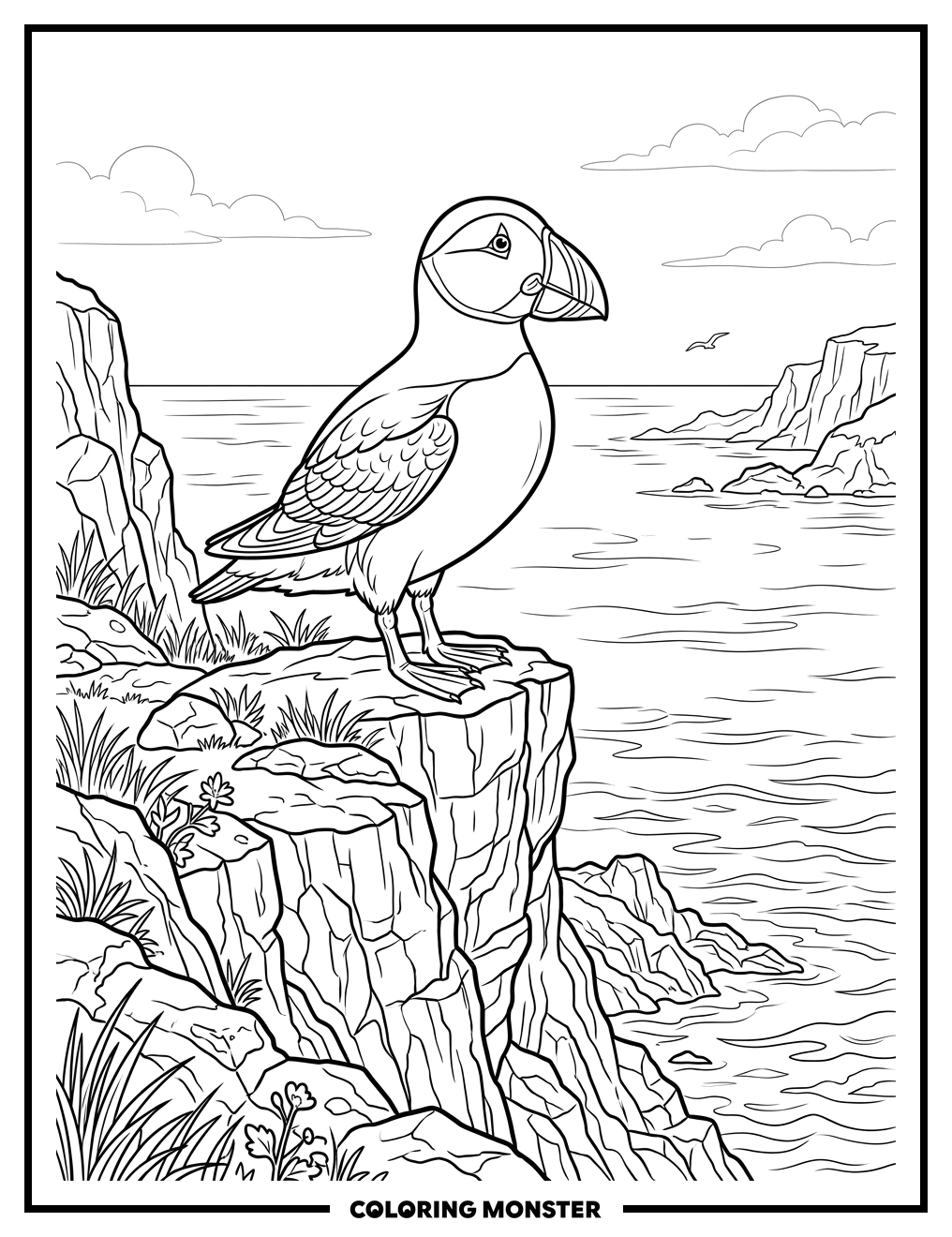 Puffin on Rocky Cliff Coloring Page