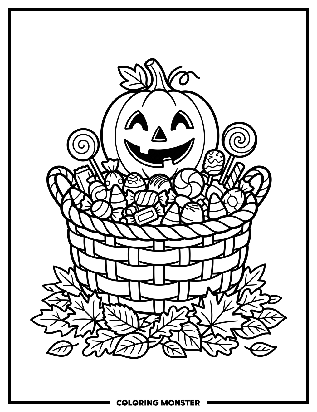 Pumpkin and Candy Basket Coloring Page