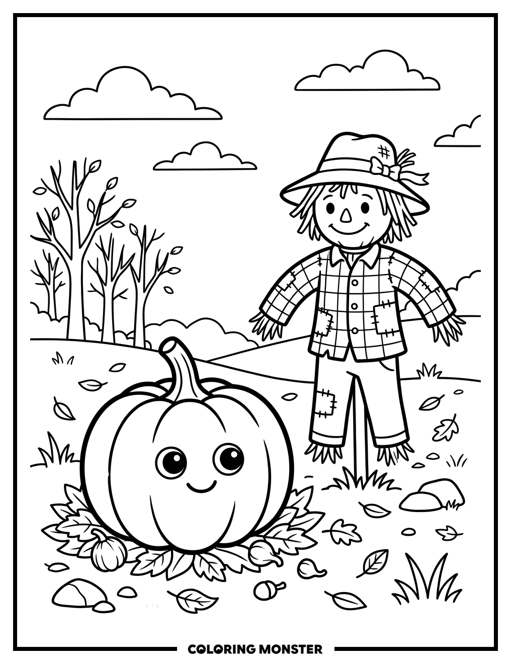 Pumpkin and Scarecrow in Autumn Field Coloring Page