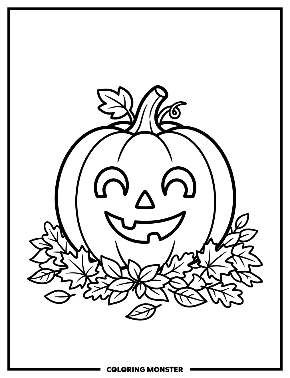 Pumpkin in Autumn Leaves Coloring Page
