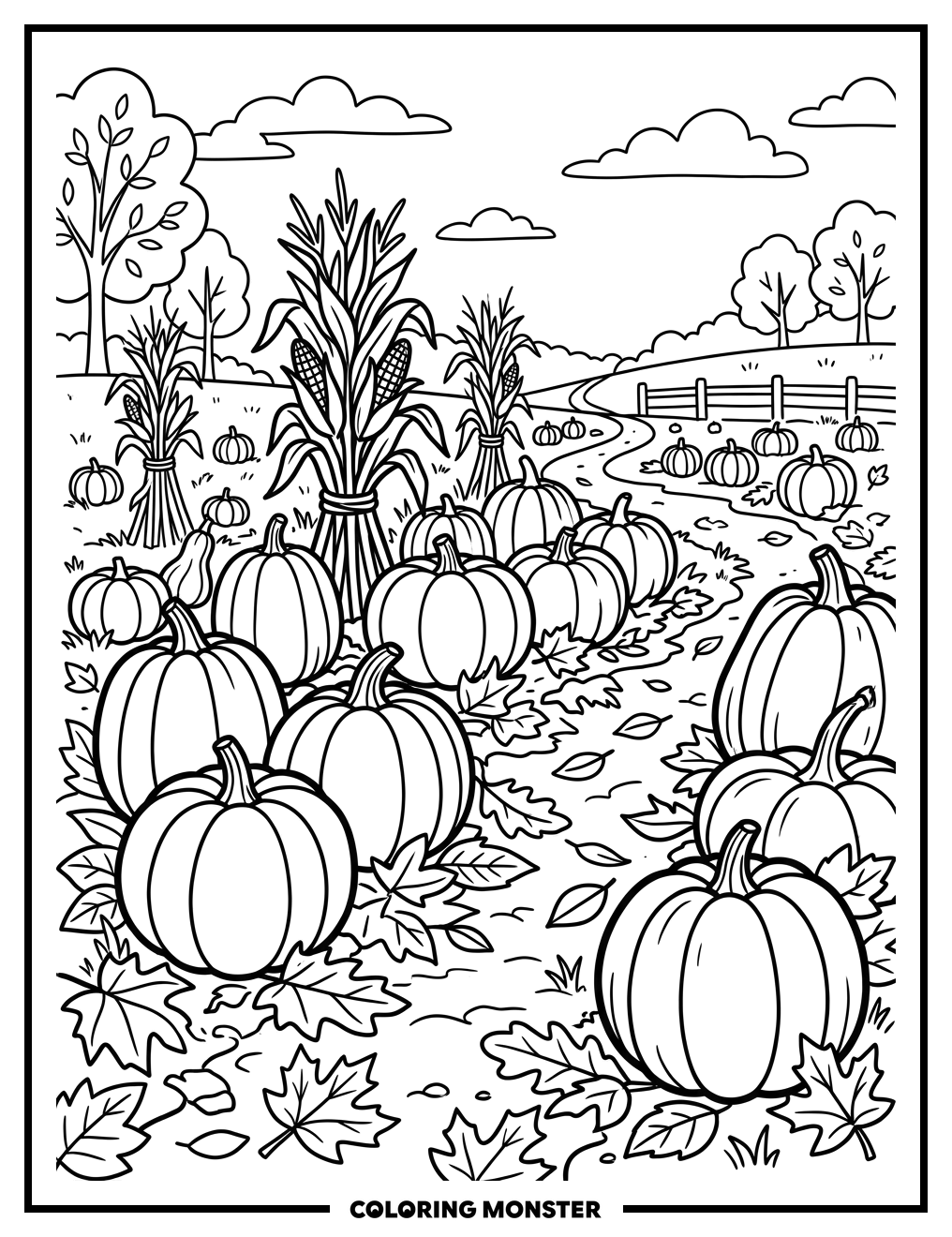 Pumpkin Patch with Autumn Leaves Coloring Page