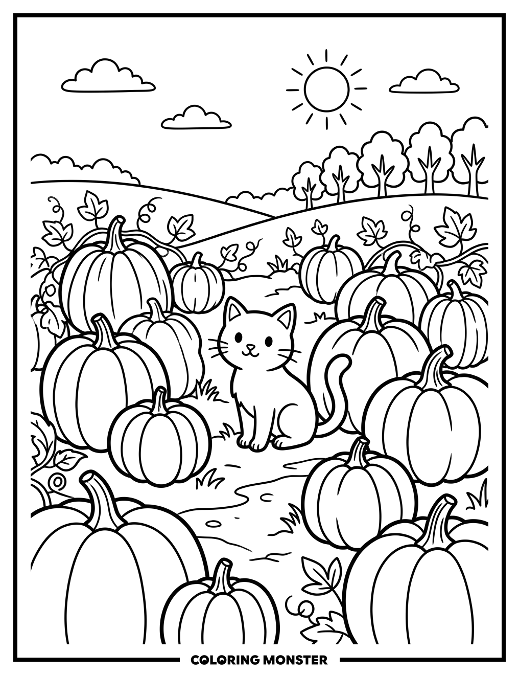 Pumpkin Patch With Cat Coloring Page