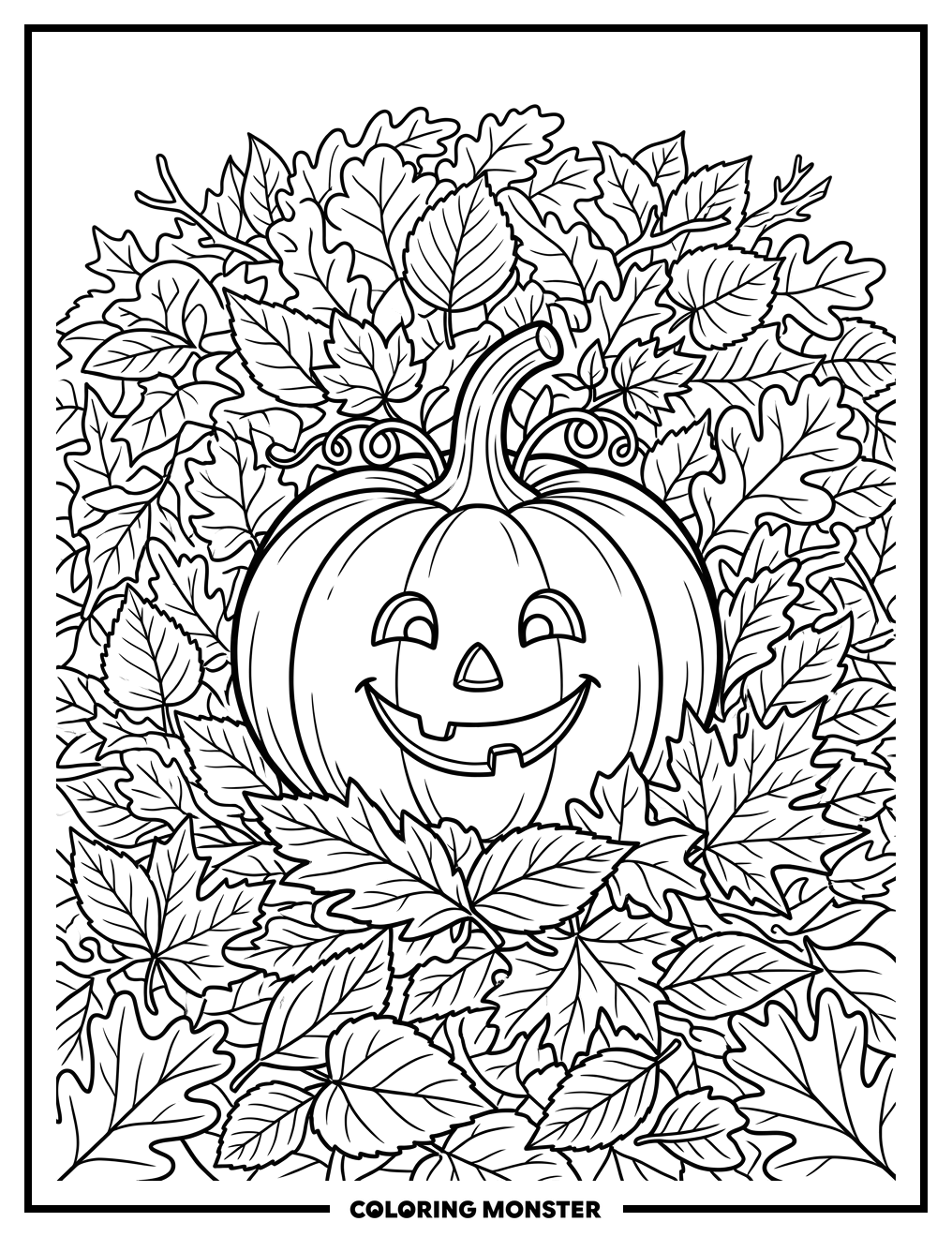 Pumpkin Surrounded by Autumn Leaves Coloring Page