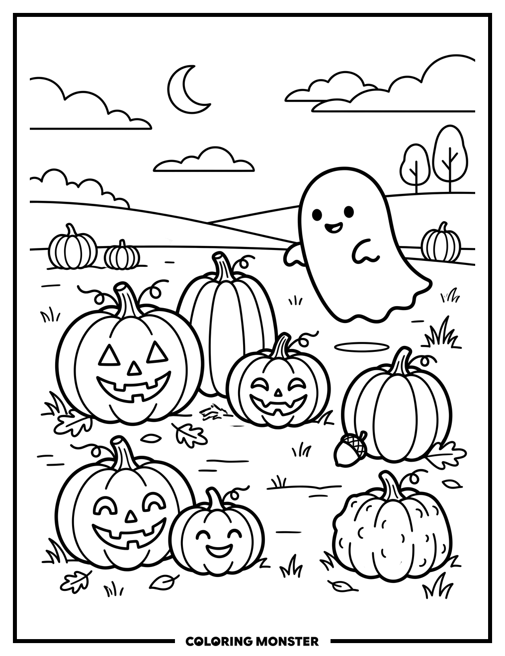 Pumpkins and Friendly Ghost Coloring Page