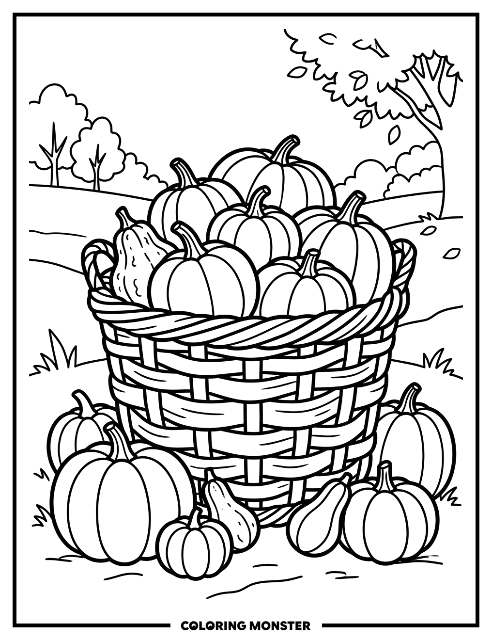 Pumpkins and Gourds Basket Coloring Page