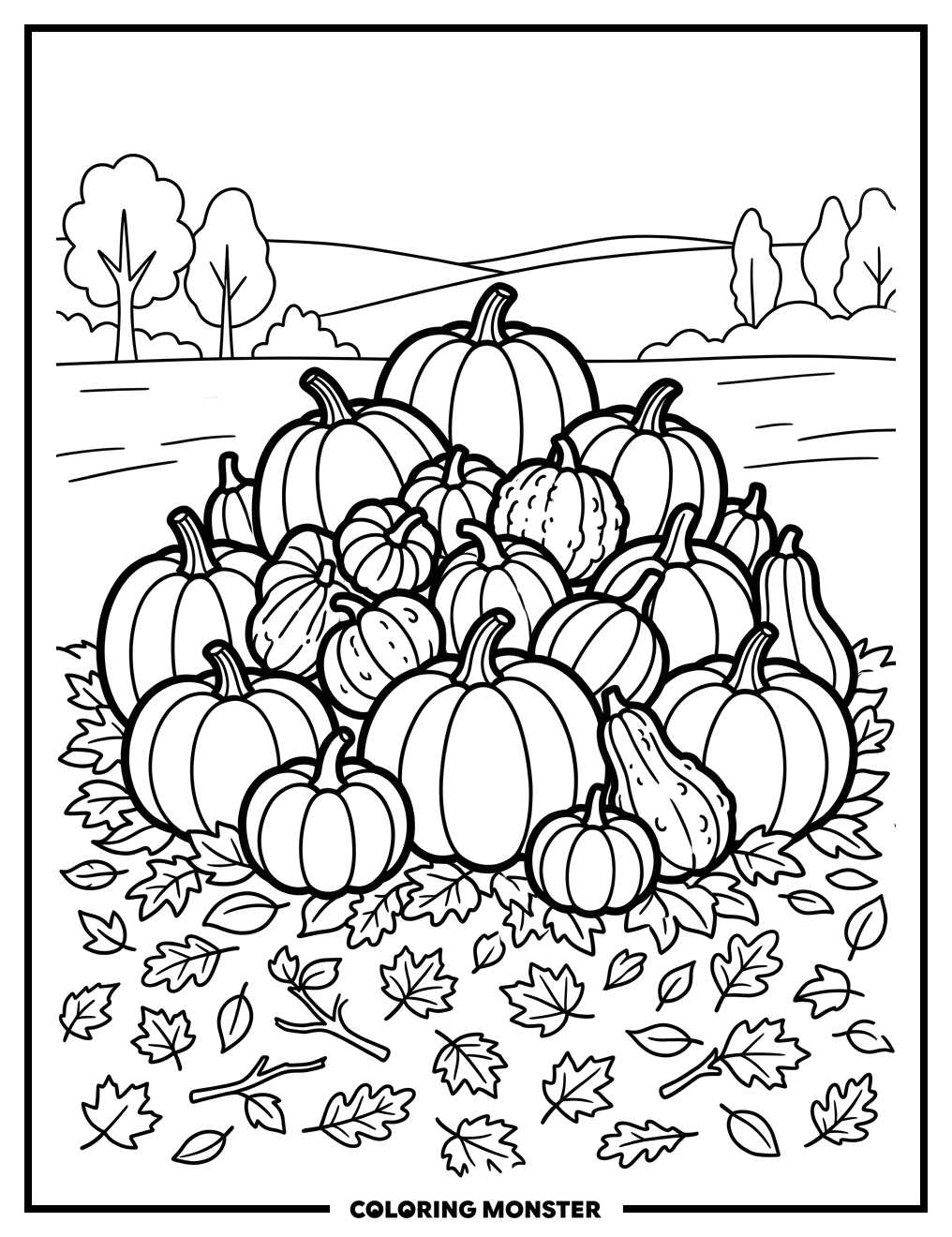 Pumpkins and Gourds in Autumn Field Coloring Page