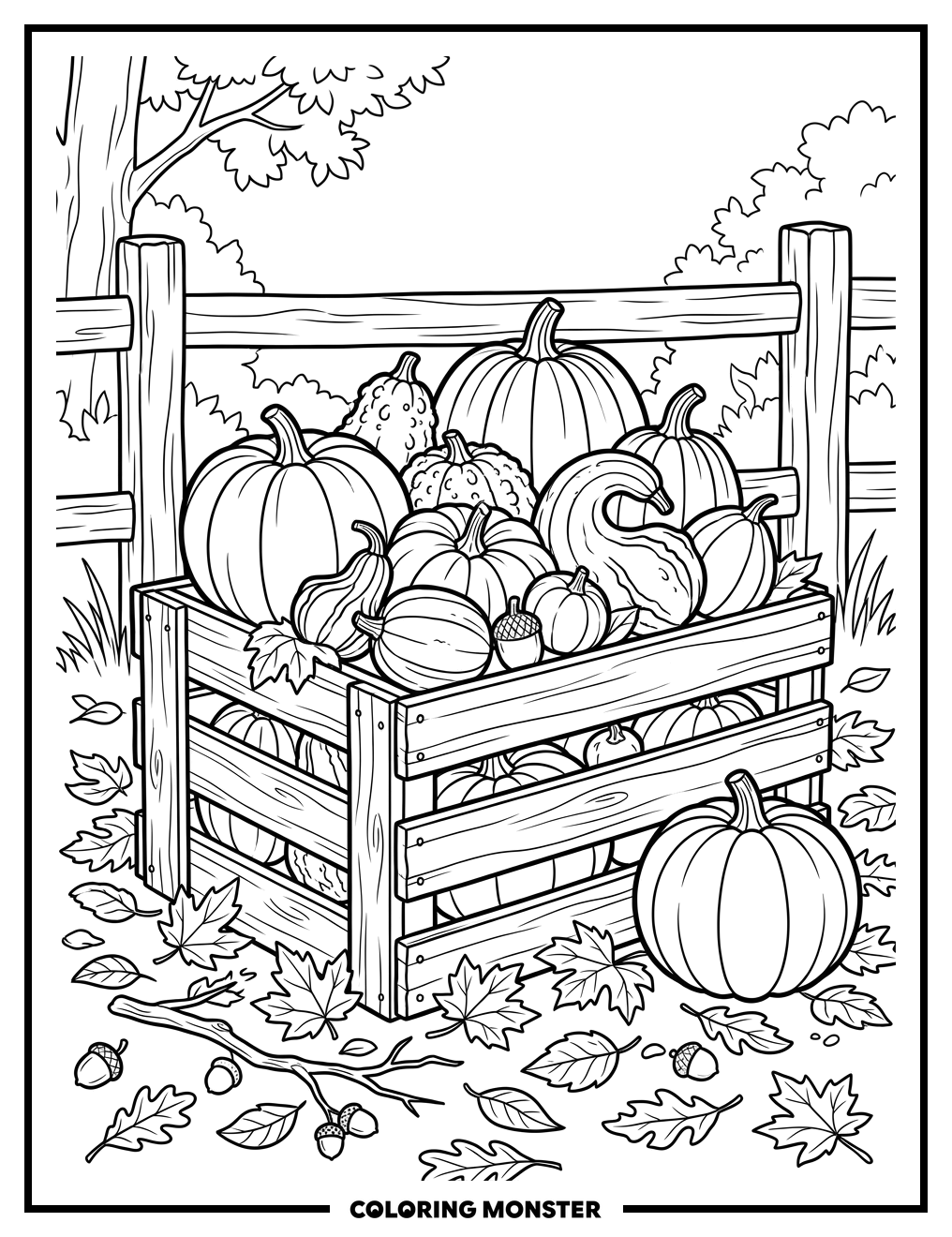 Pumpkins and Gourds on Crate Coloring Page