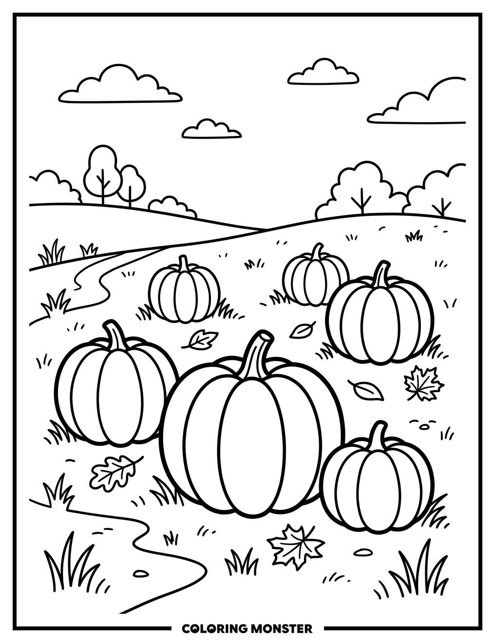 Pumpkins in a Grassy Field Coloring Page