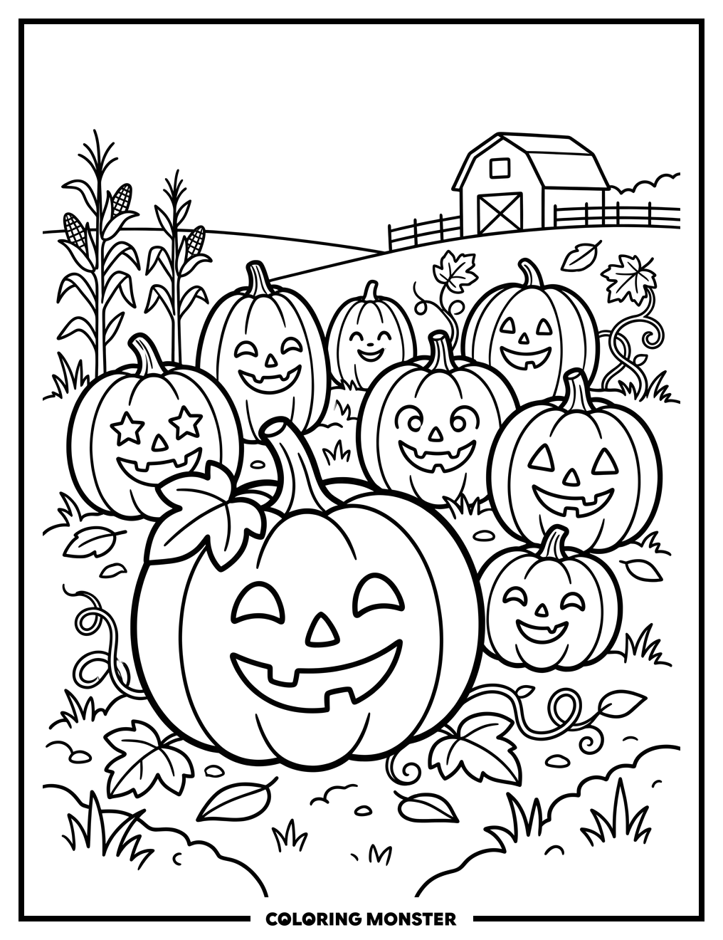 Pumpkins in a Patch Coloring Page