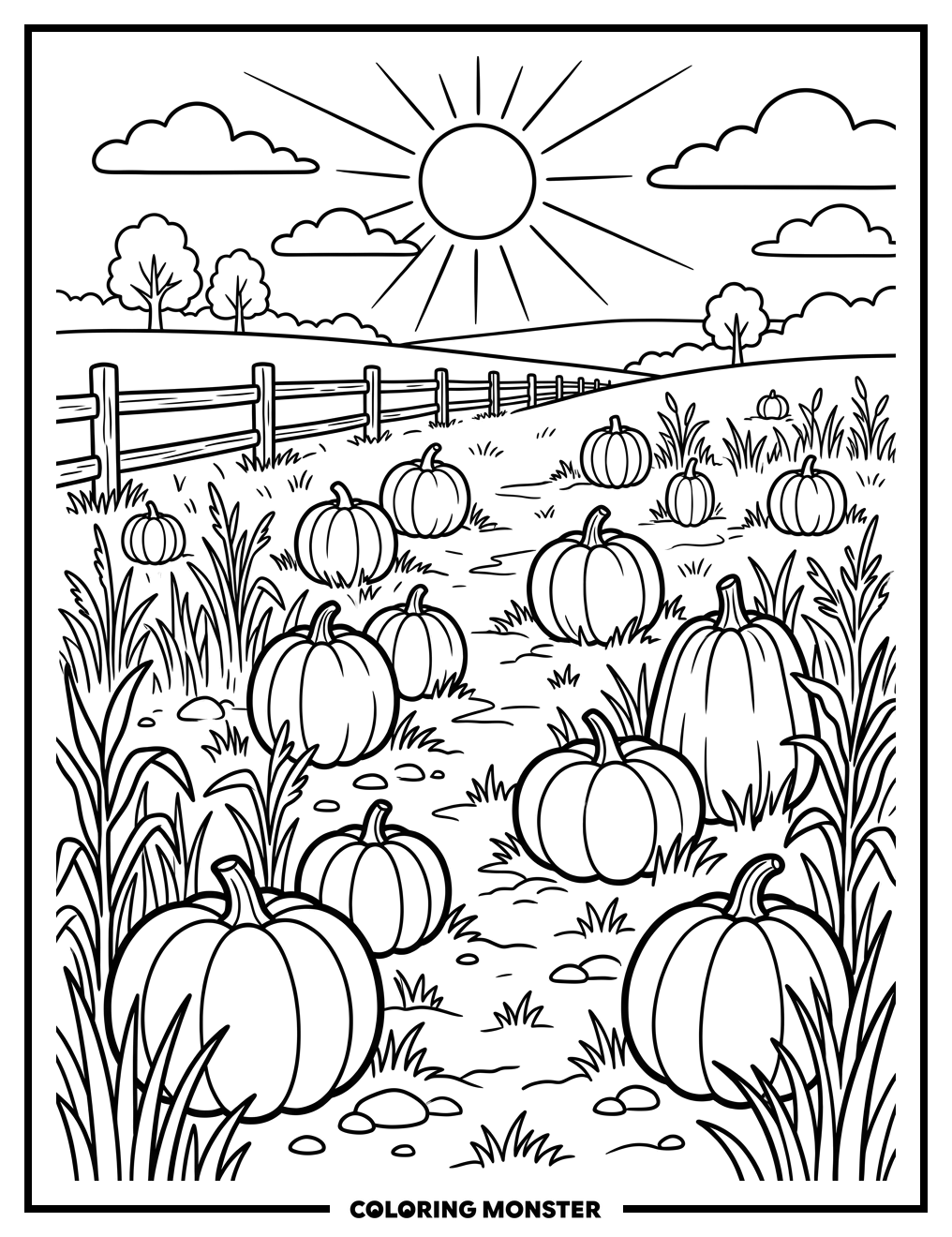 Pumpkins in a Sunny Field Coloring Page