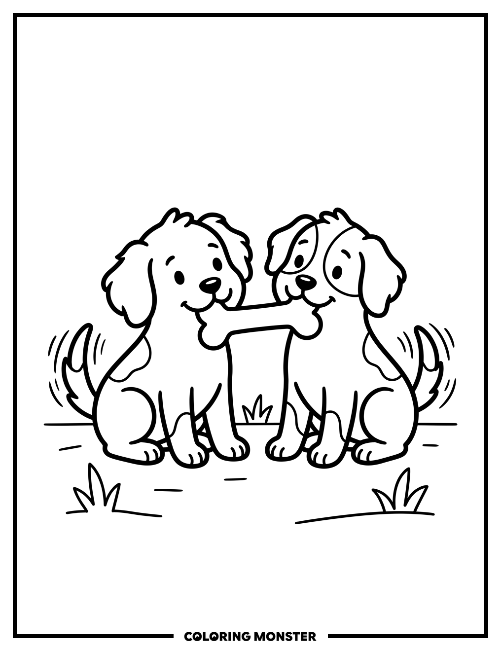Puppies Play With Bone Coloring Page
