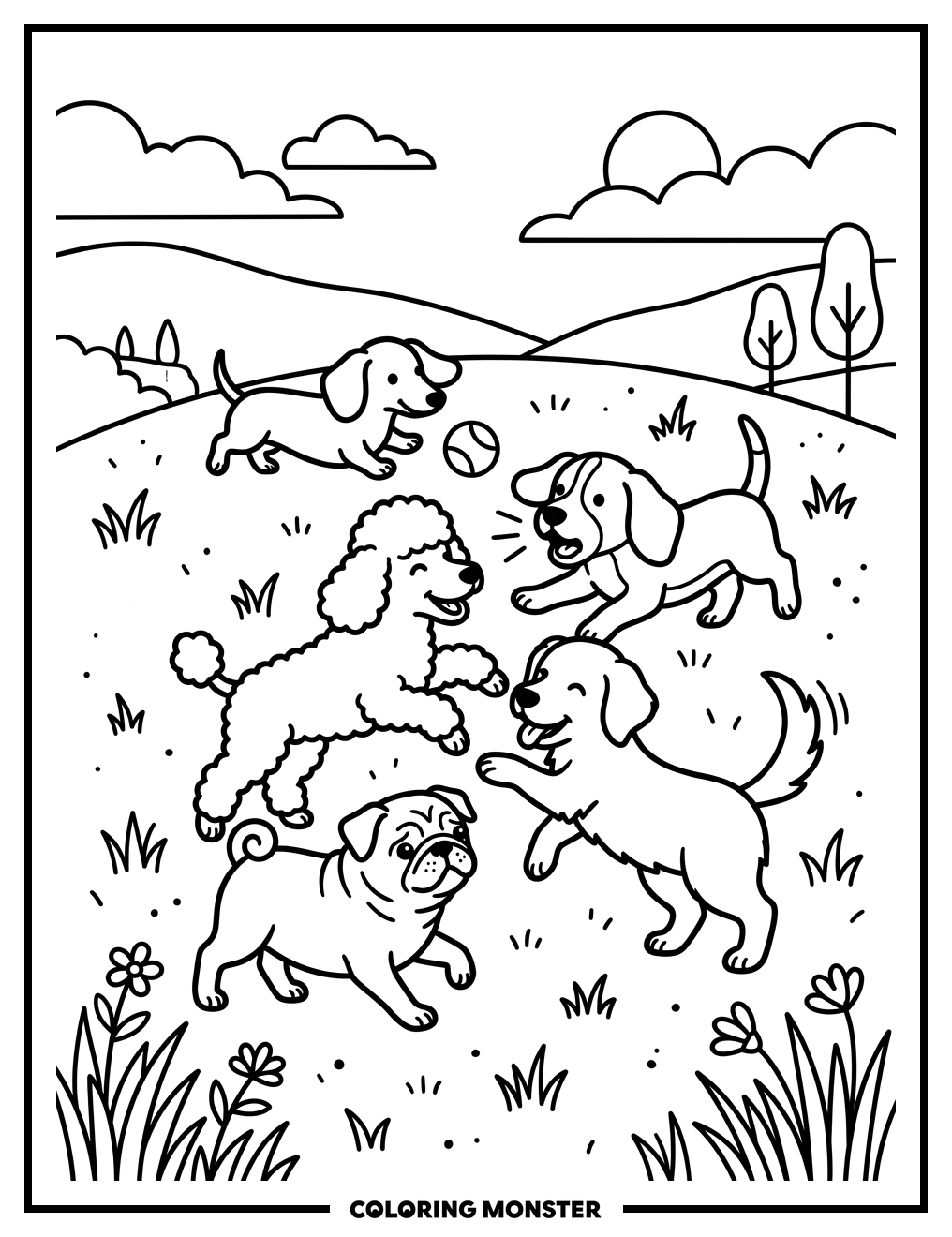 Puppies Playing in a Field Coloring Page