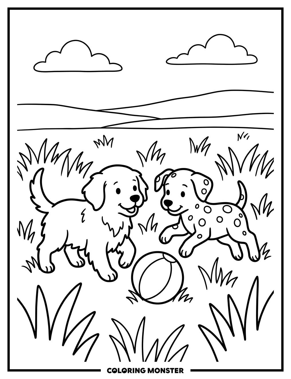 Puppies Playing With Ball Coloring Page