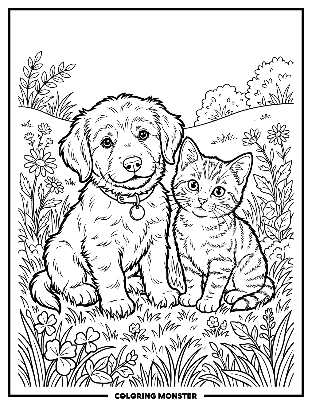 Puppy and Kitten on Grass Coloring Page