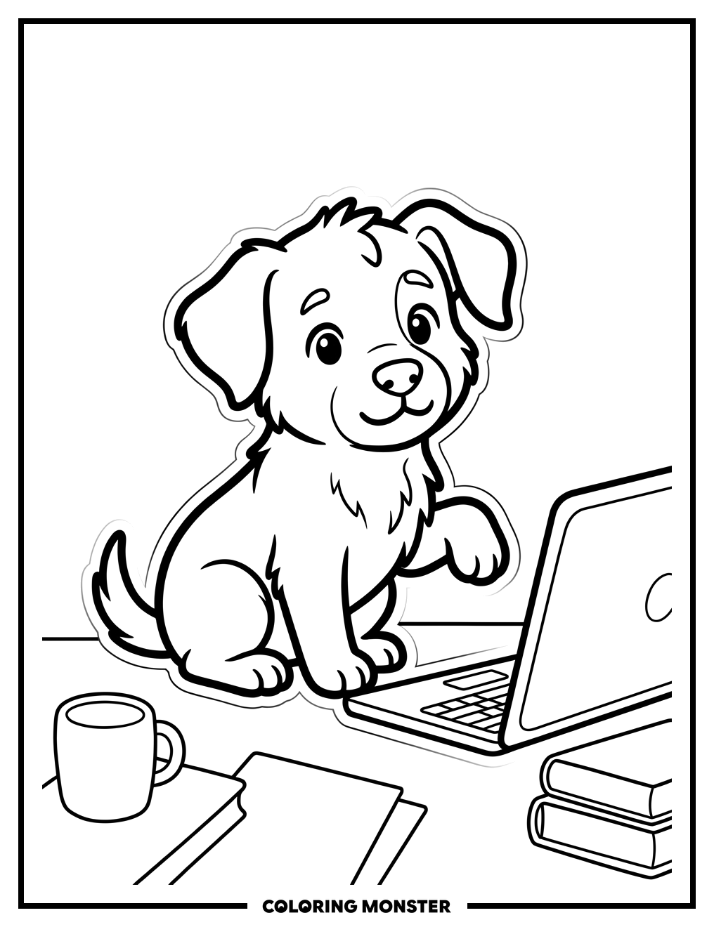 Puppy and Laptop Desk Scene Coloring Page