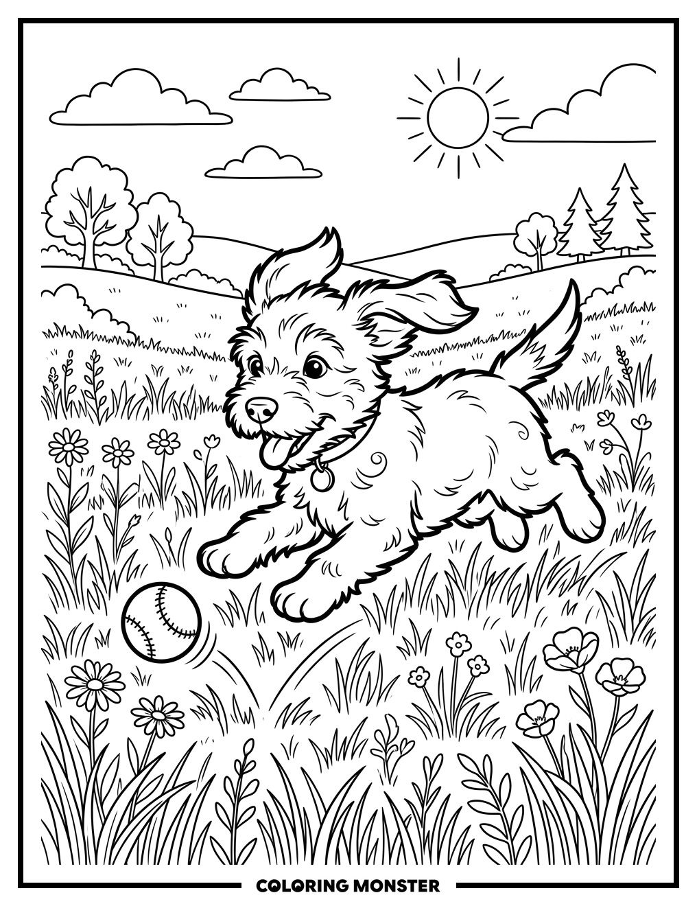 Puppy Chasing A Ball Coloring Page