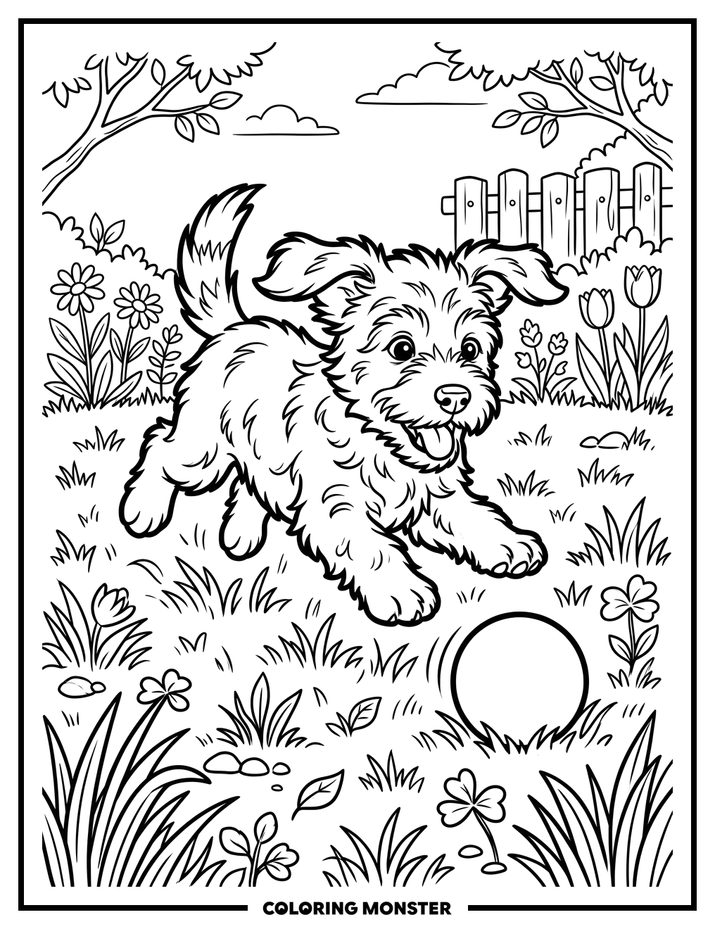 Puppy Chasing a Red Ball Coloring Page