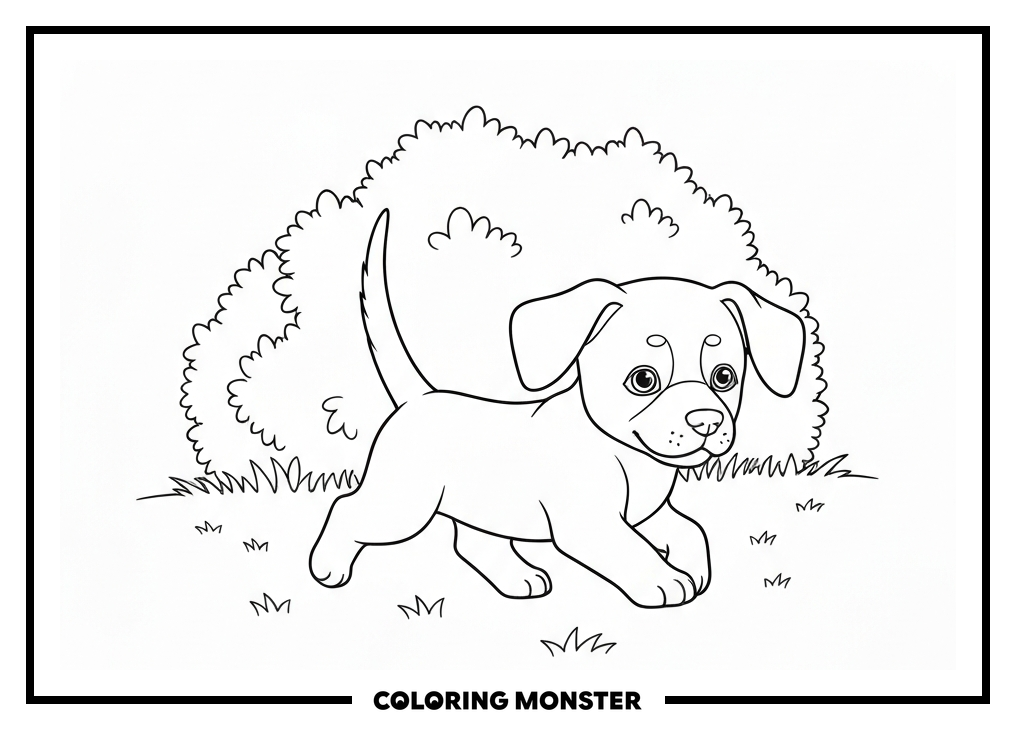 Puppy Chasing Its Tail In A Garden Coloring Page