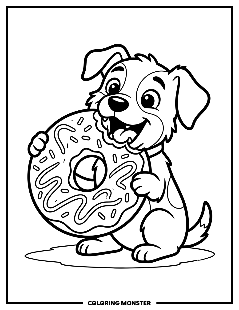 Puppy Enjoying a Donut Coloring Page