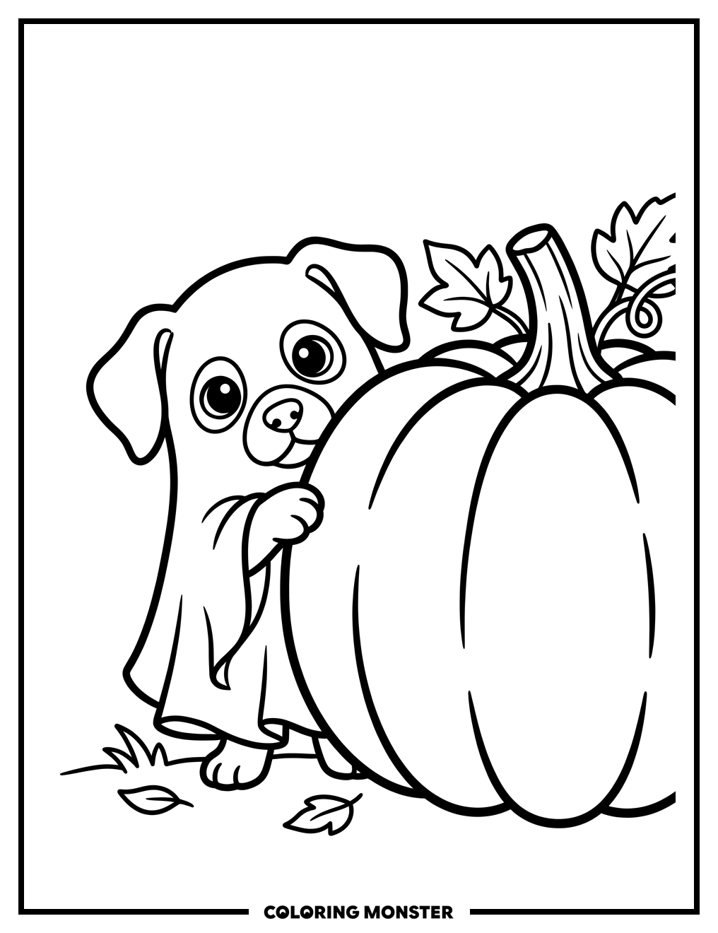 Puppy Ghost and Pumpkin Coloring Page