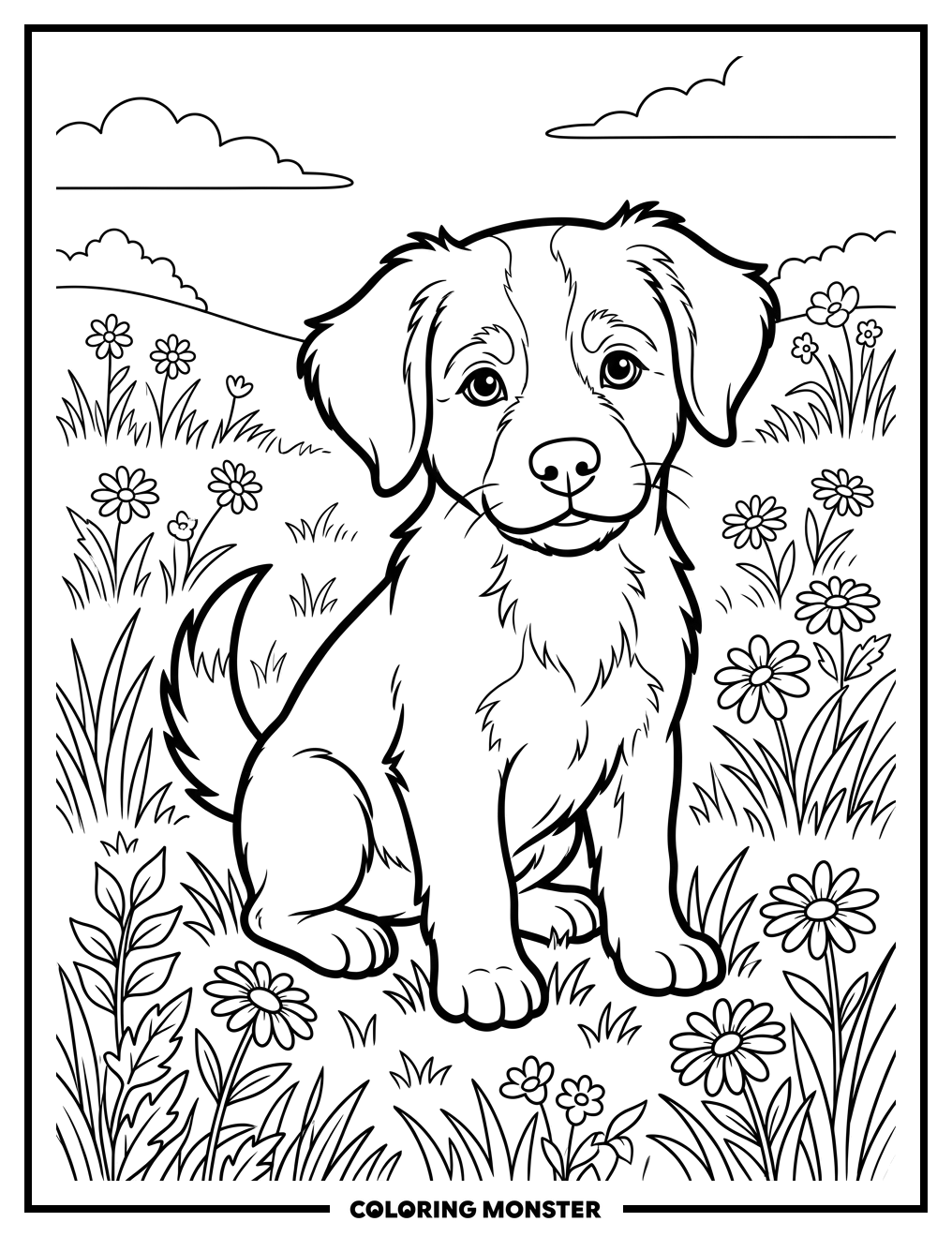 Puppy in a Daisy Field Coloring Page