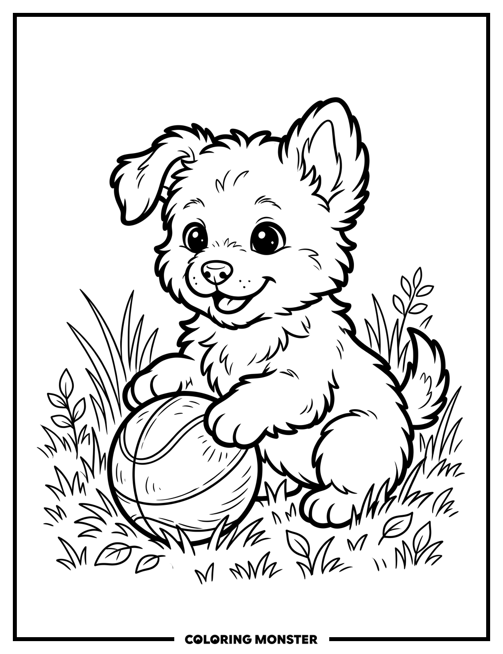Puppy Playing with Ball on Grass Coloring Page