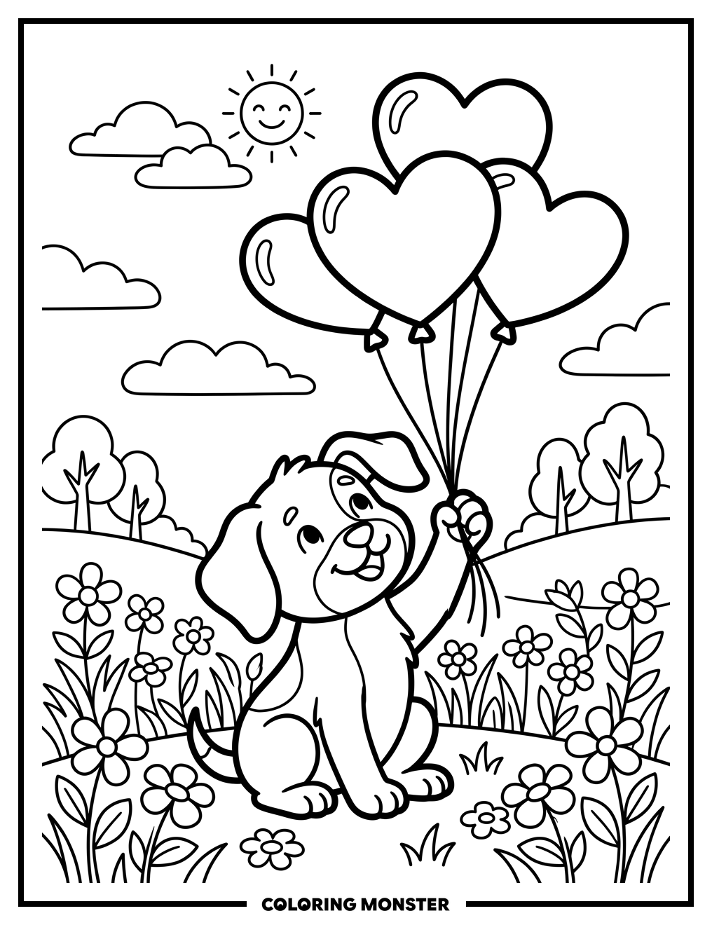 Puppy Reaching For Valentine Balloons Coloring Page