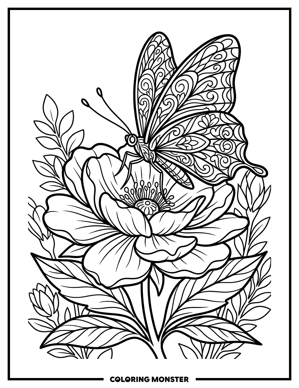 Purple Butterfly On A Flower Coloring Page
