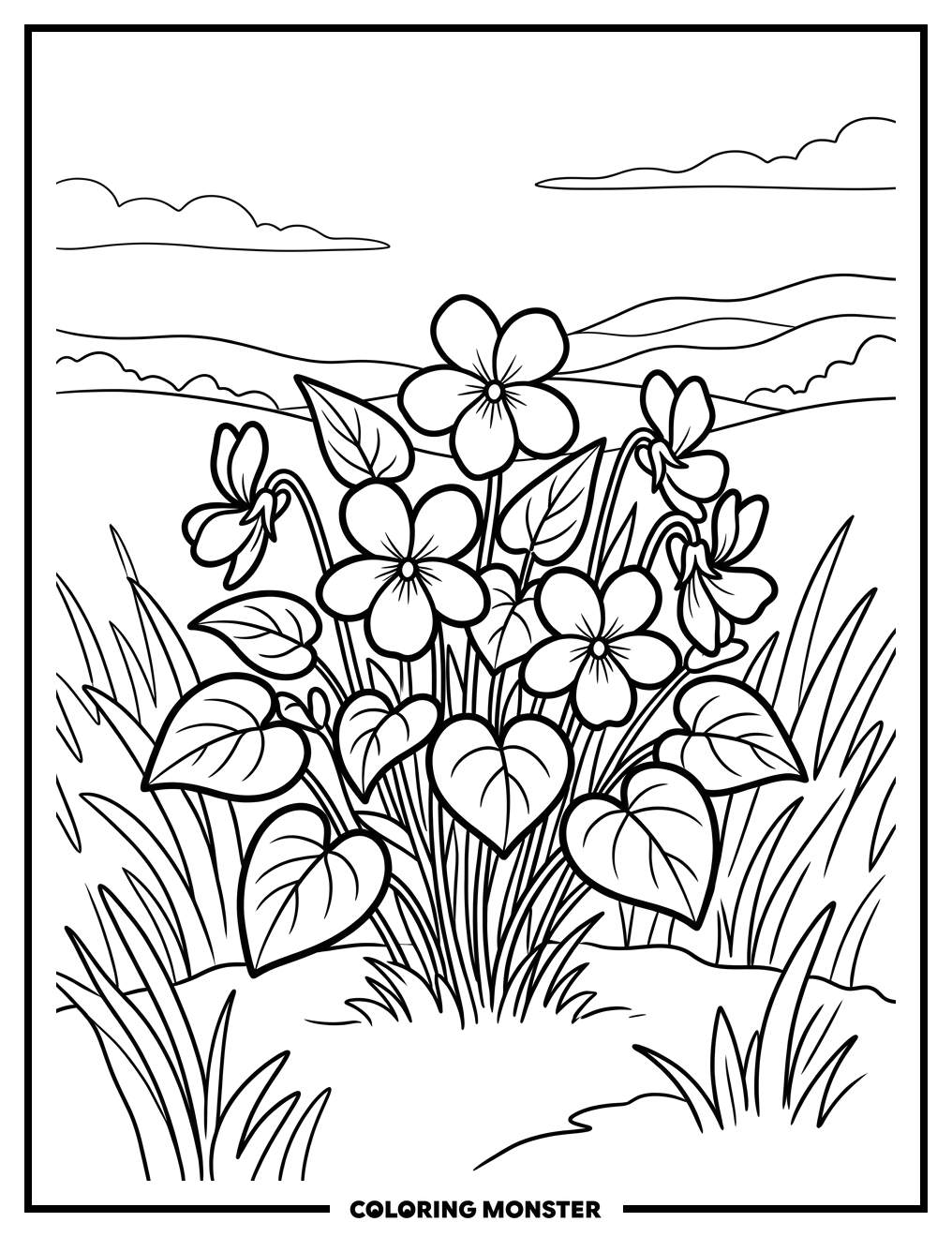 Purple Violets in a Meadow Coloring Page