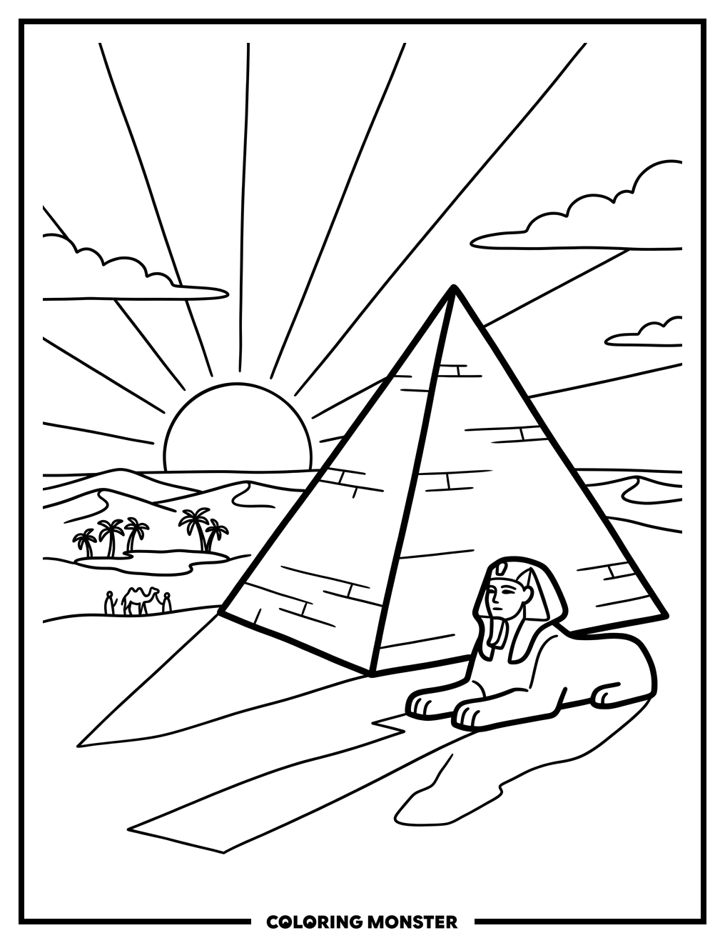 Pyramid and Sphinx at Sunset Coloring Page