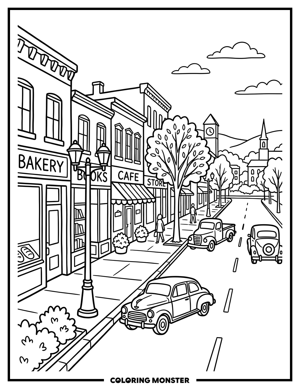 Quaint Small Town Main Street Coloring Page