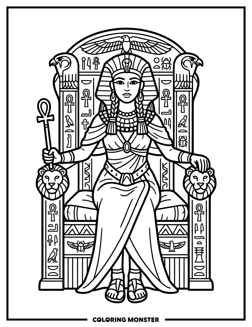 Queen Cleopatra on Egyptian Throne Coloring Page