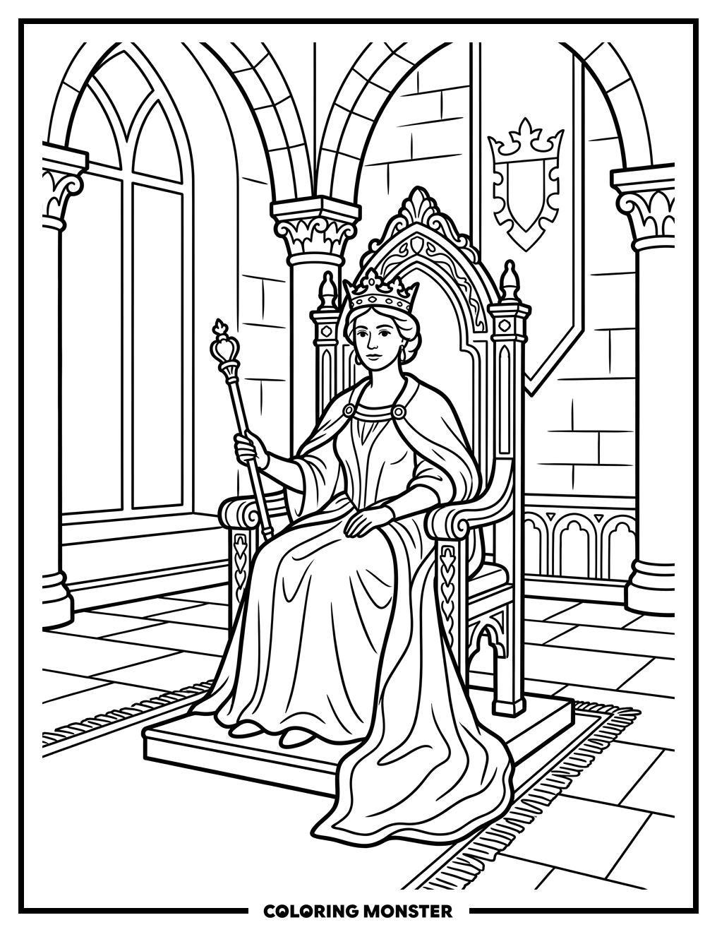 Queen On Her Ornate Throne Coloring Page