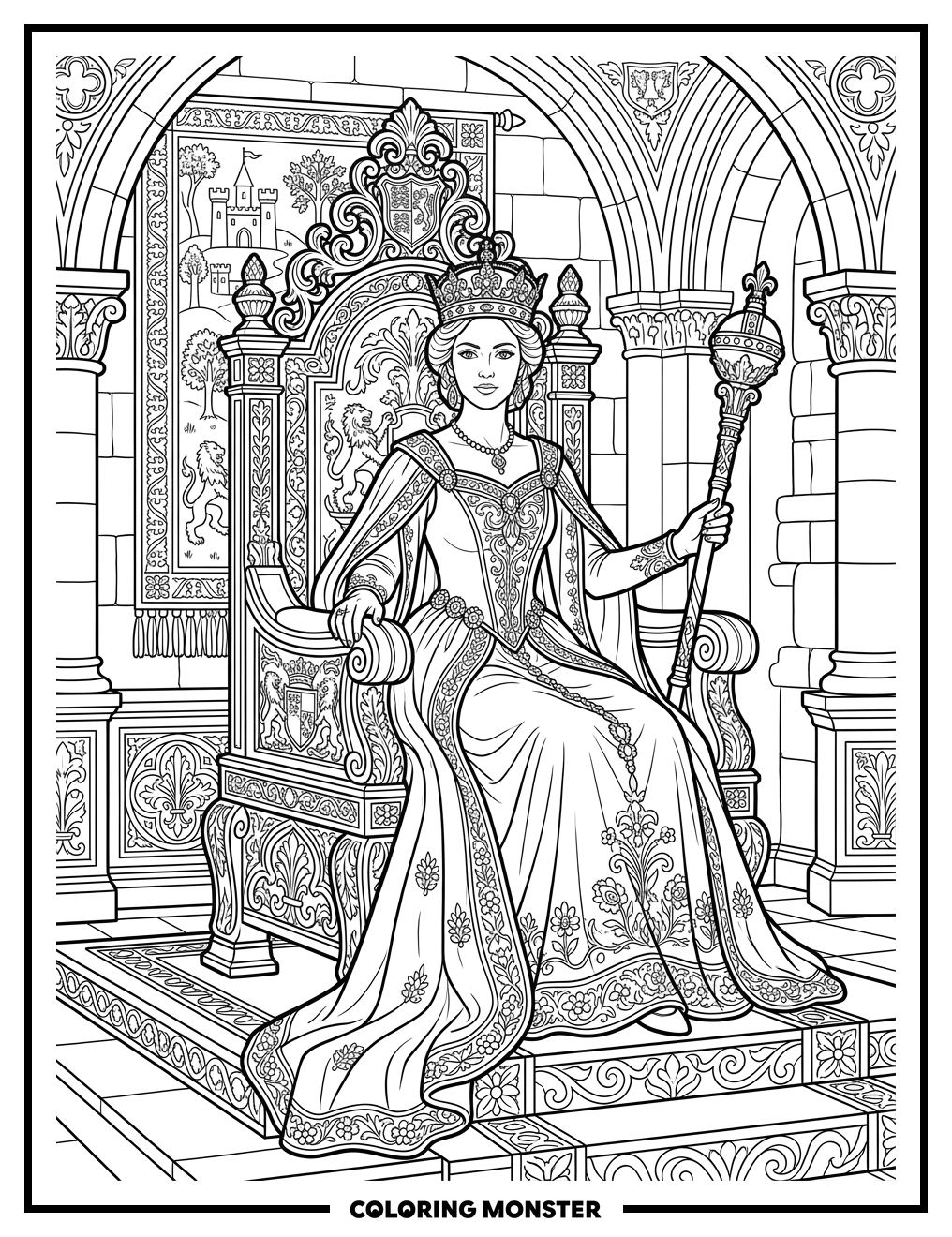 Queen on Ornate Throne Coloring Page