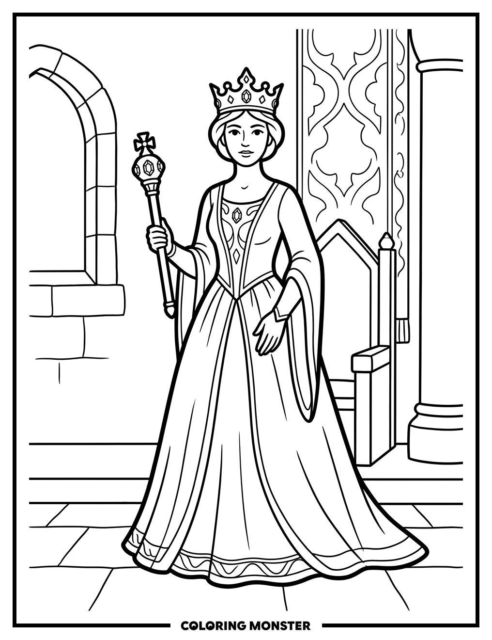 Queen With Scepter Coloring Page