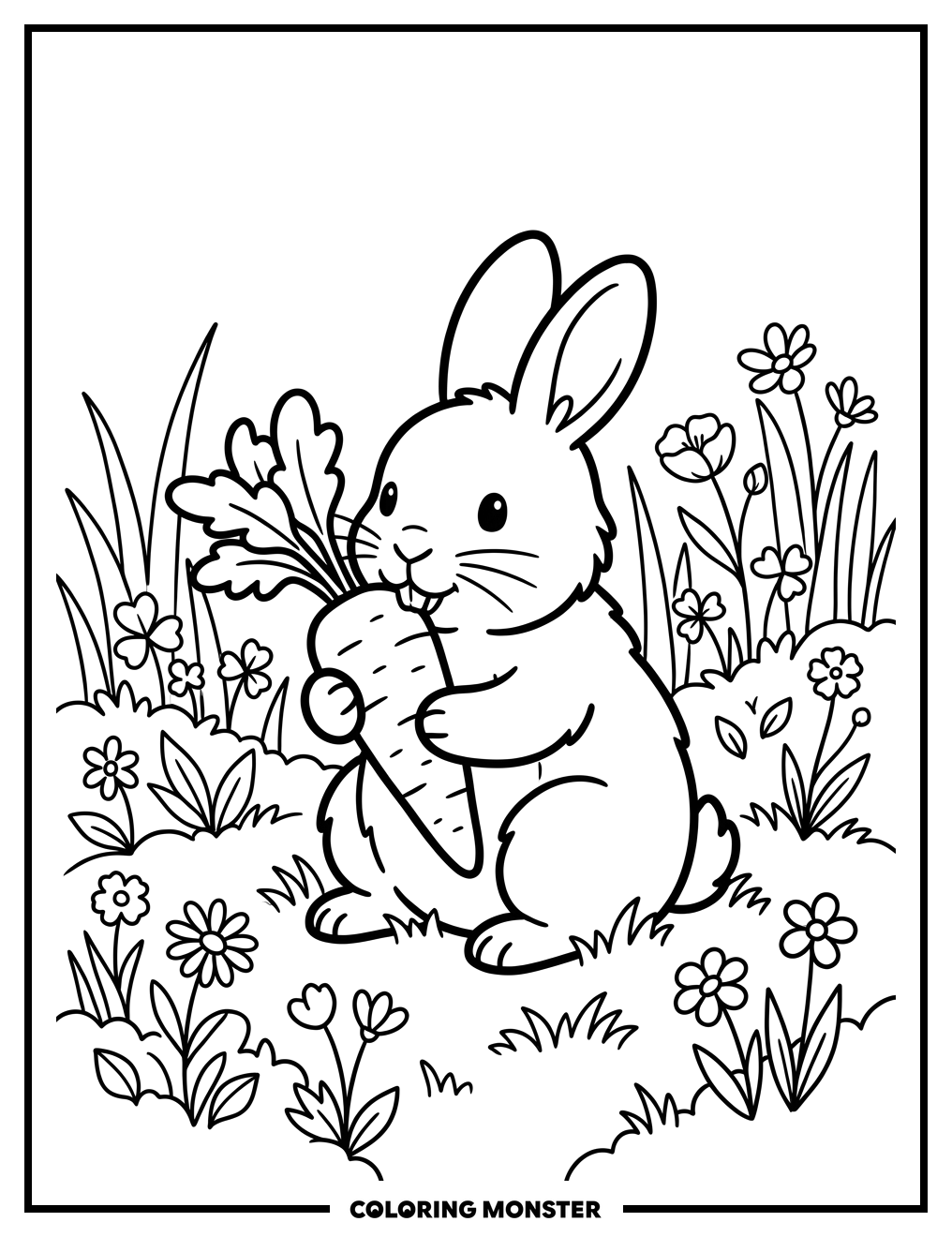 Rabbit Eating Carrot in Field Coloring Page